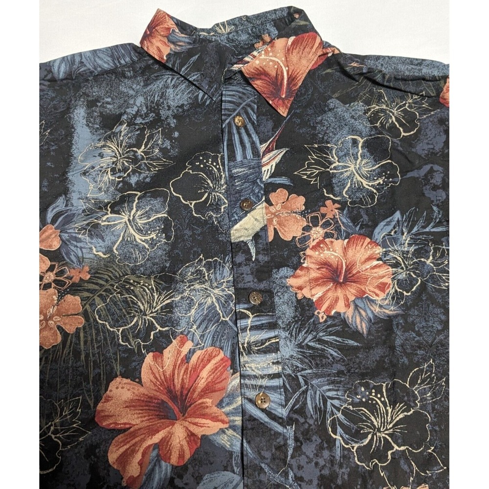 REEL LEGENDS Floral Swordfish Print Men Large Black Cotton Blend Hawaiian Shirt - Picture 5 of 15
